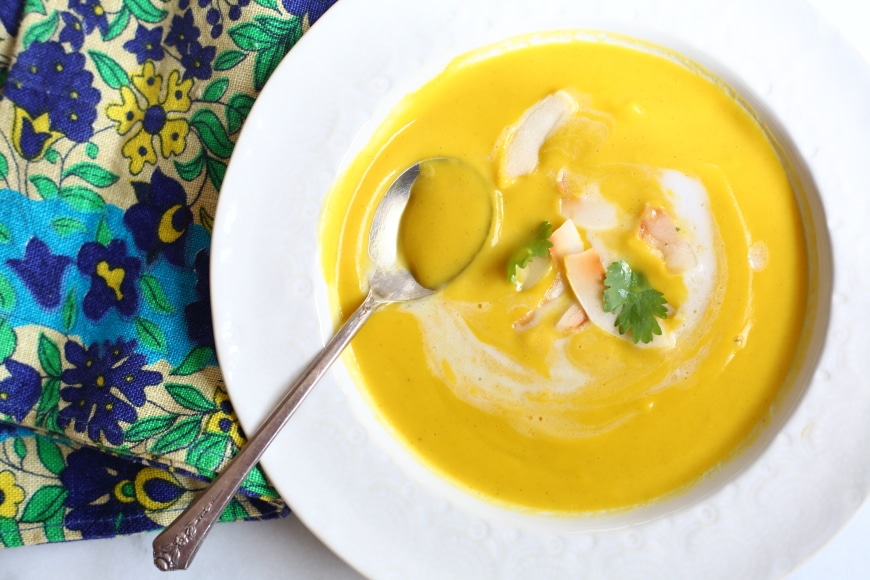 This vegan squash soup is luxuriously creamy with a touch of sweetness and heat. It's perfect as an elegant first course or a satisfying main dish!