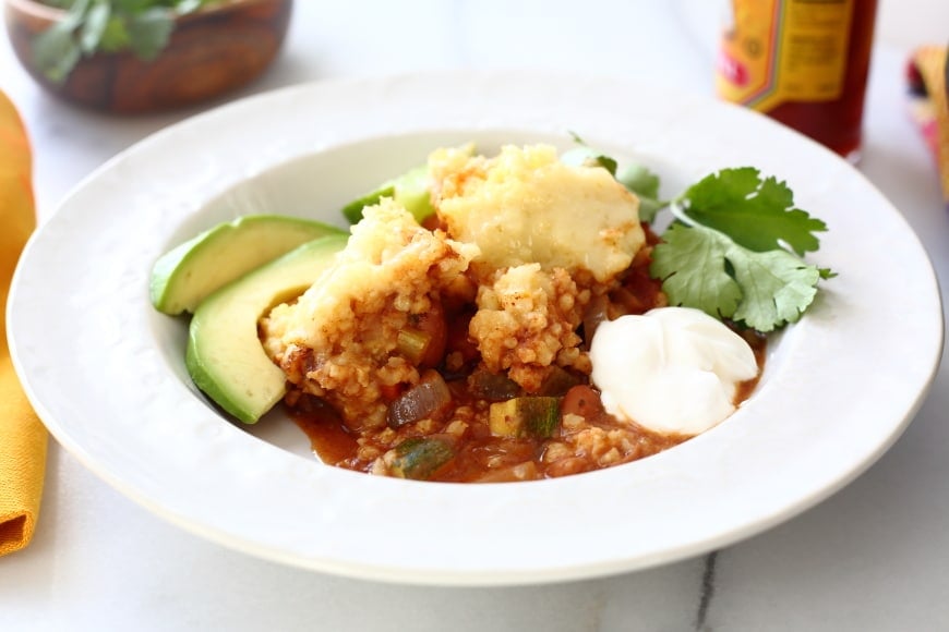 This chili millet bake is reminiscent of a chili cornbread casserole but only tastier AND way more nutritious! 