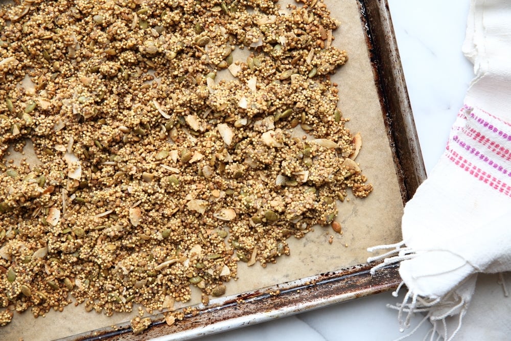 Millet granola on baking sheet