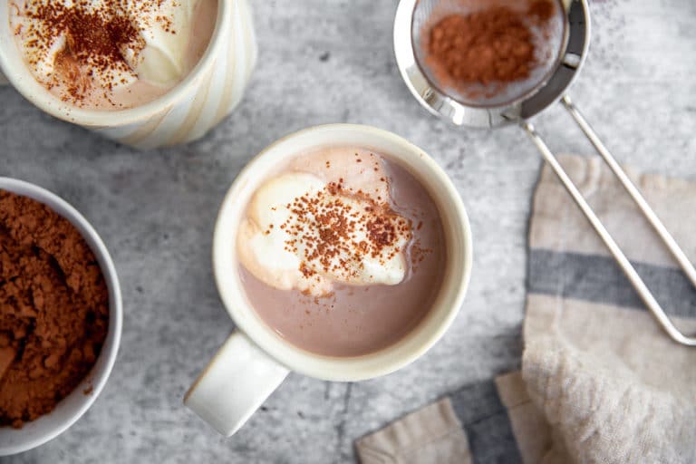 Overhead shot of a mug of hot chocolate with cacao powder, topped with whipped cream.