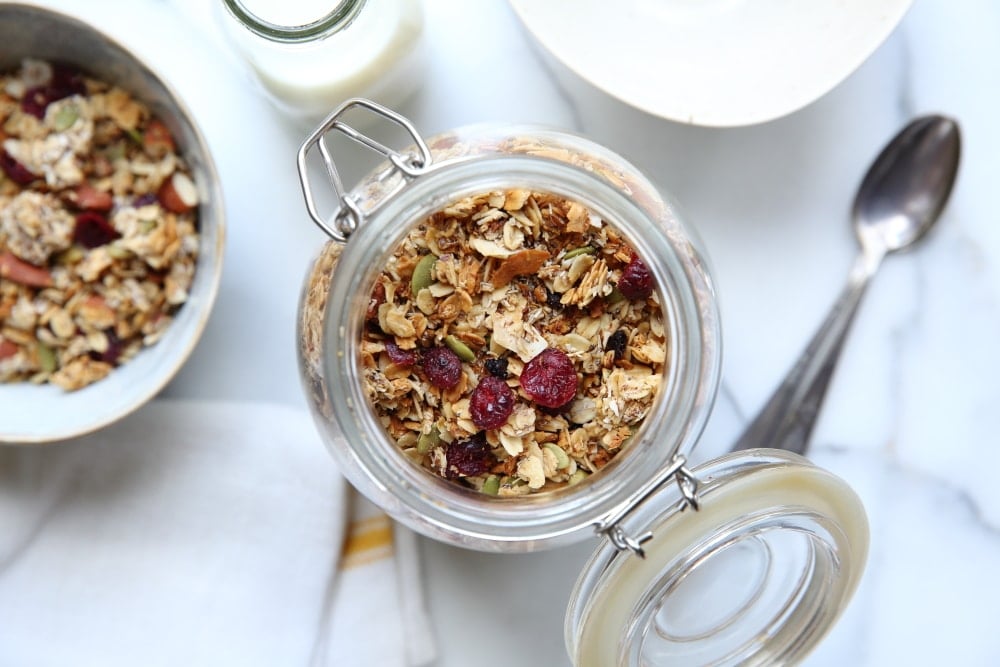 gluten free granola recipe, gluten free granola in large jar