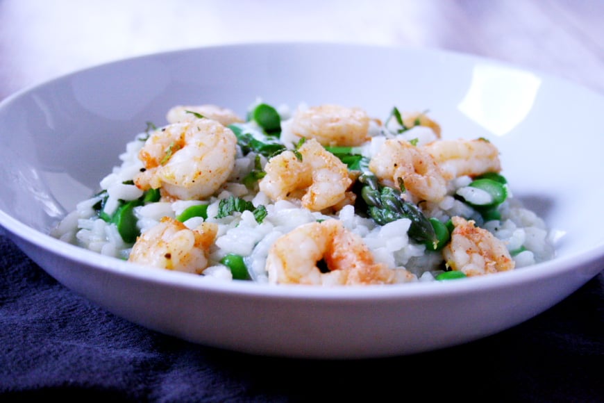 no-stir risotto with asparagus, peas & smoky roasted shrimp