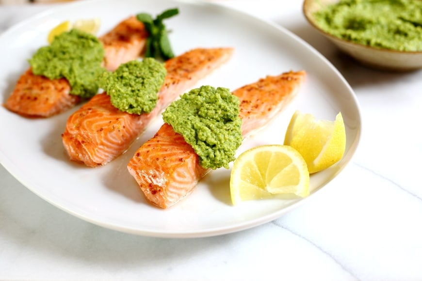 Pea pesto over roasted salmon. 