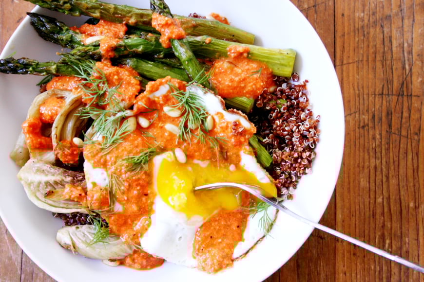 roasted fennel & asparagus quinoa bowls with fried eggs & smoky red pepper sauce