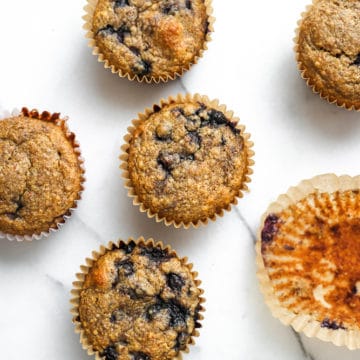 Overhead shot of blueberry blender muffins lined up on the counter.