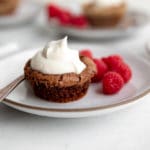 Close-up side view of a chocolate crackle cake on a plate with whipped cream and raspberries.