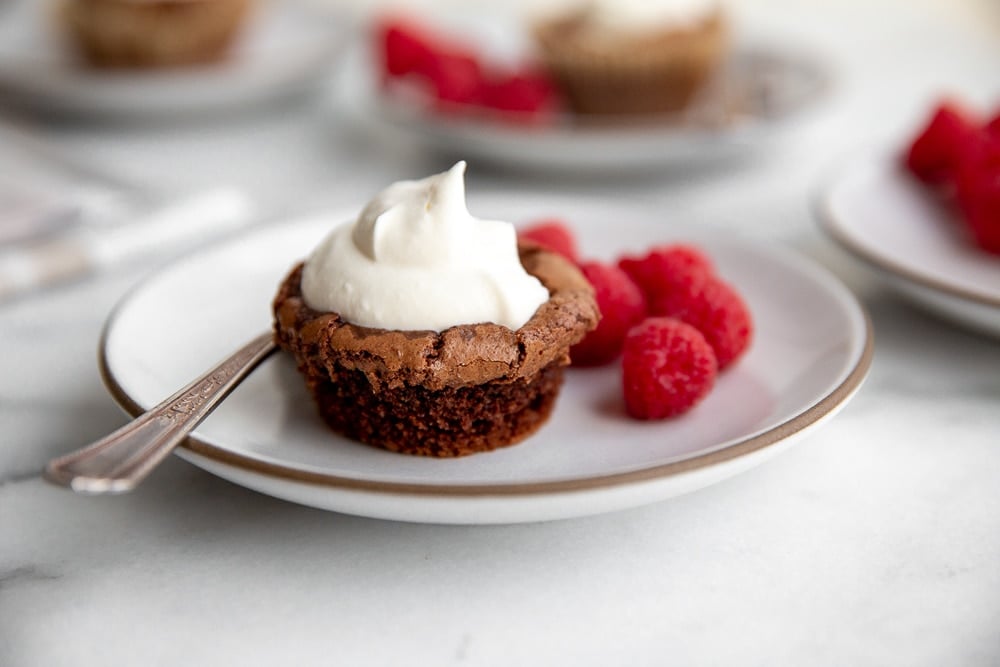 Close-up side view of a chocolate crackle cake on a plate with whipped cream and raspberries.