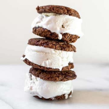 Vegan ice cream sandwiches stacked on counter