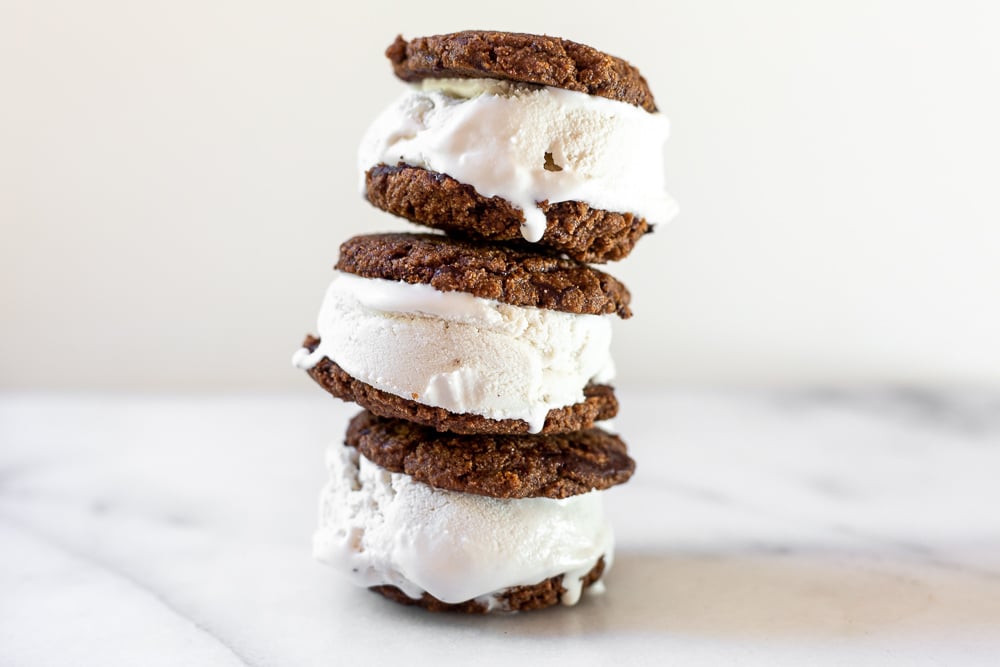 Vegan ice cream sandwiches stacked on counter