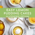 Two frames, one showing an individual lemon pudding cake on a plate and one showing a close-up of a spoonful of lemon pudding cake.