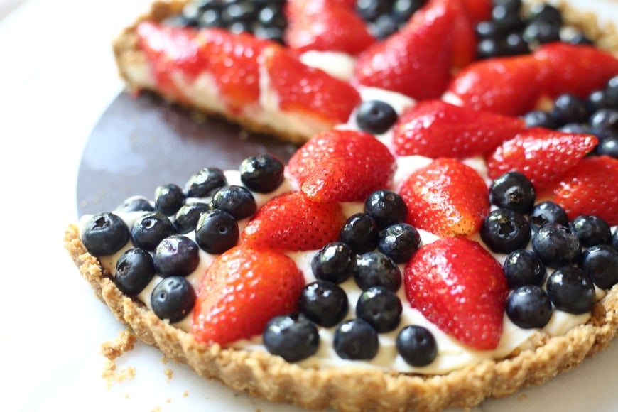 Close-up side view of gluten free berry tart. 