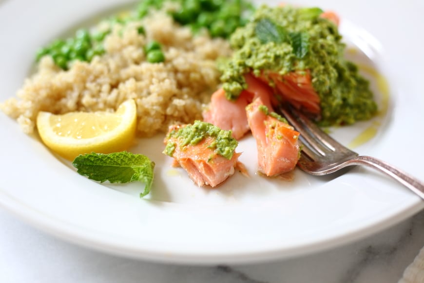 Perfectly cooked roasted salmon is one of the quickest and easiest of weeknight meals, and this maple-glazed version with sweet pea pesto will rock your world.