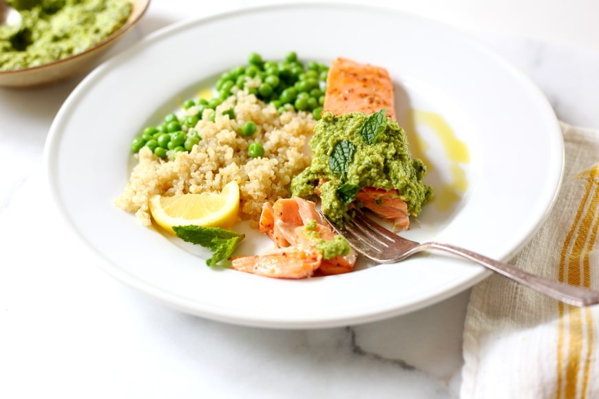 Perfectly cooked roasted salmon is one of the quickest and easiest of weeknight meals, and this maple-glazed version with sweet pea pesto will rock your world.
