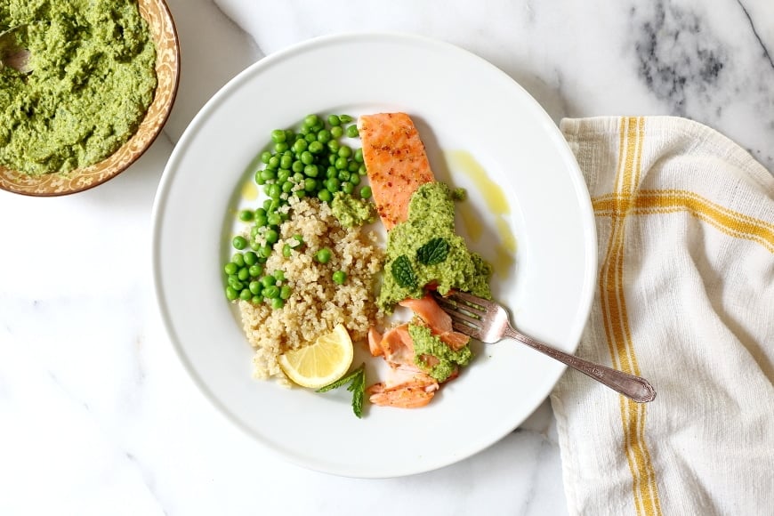 Perfectly cooked roasted salmon is one of the quickest and easiest of weeknight meals, and this maple-glazed version with sweet pea pesto will rock your world.