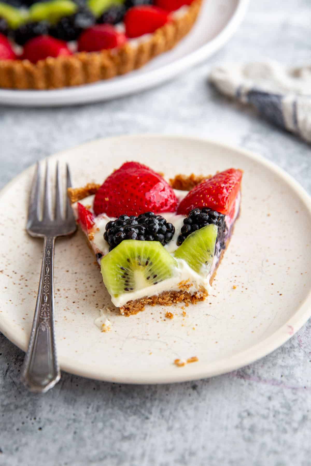 a sliced of gluten-free tart on a white plate with a fork.