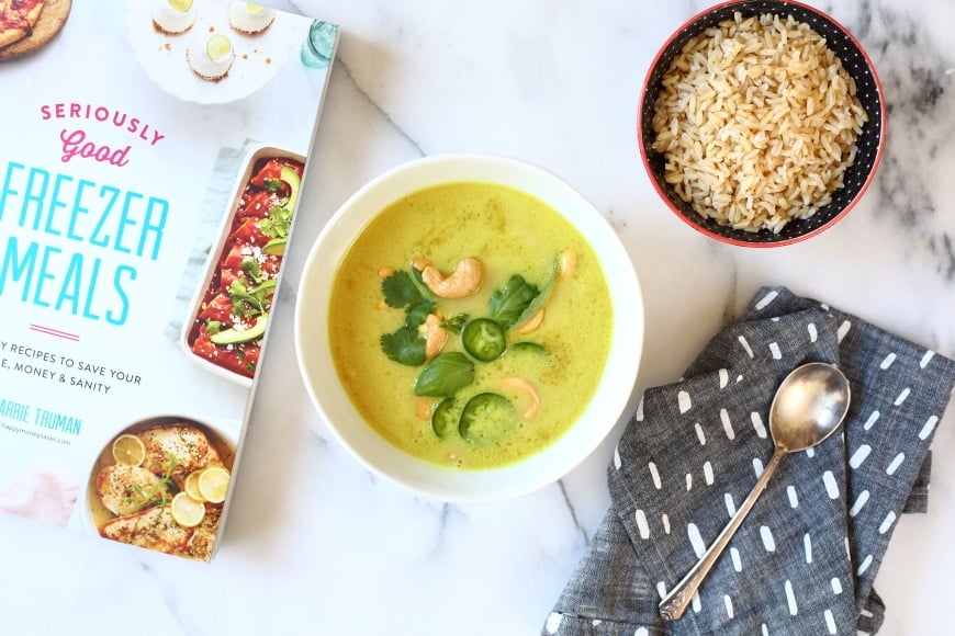 Coconut cashew curry soup in bowl with rice