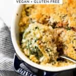 Close up of a spoonful of Swiss chard gratin.