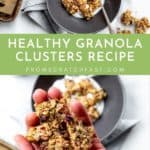 Two frames, one showing granola clusters in a hand and one showing granola clusters in a bowl with yogurt.
