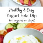 Yogurt feta dip in bowl with vegetables and chips on platter