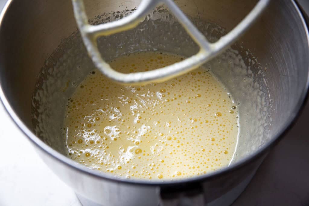 beaten egg mixture in a mixing bowl 