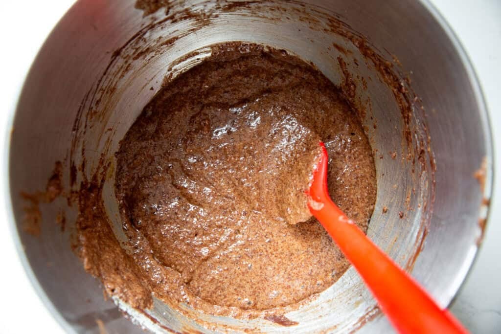 cake batter in a mixing bowl 