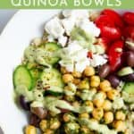 Close up of a Mediterranean quinoa bowl with tahini sauce.