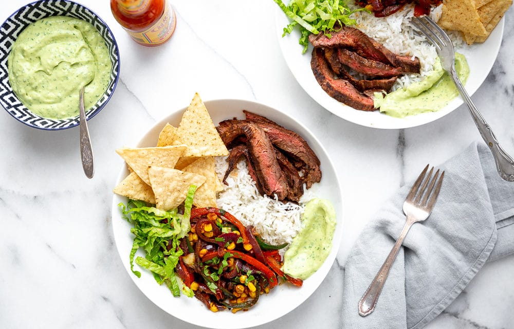 ultimate steak burrito bowls with avocado crema