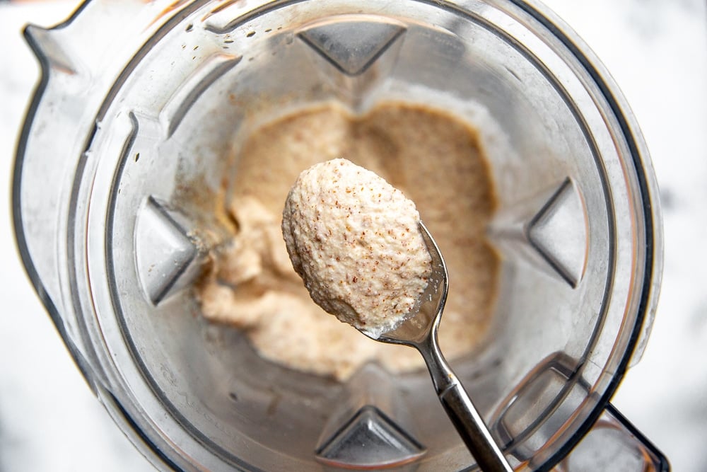 Process shot showing the cassava tortilla batter in the blender.