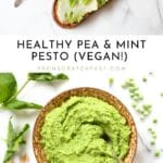 Two frames, one showing a bowl of pea pesto and the second showing pea pesto on toasted bread.