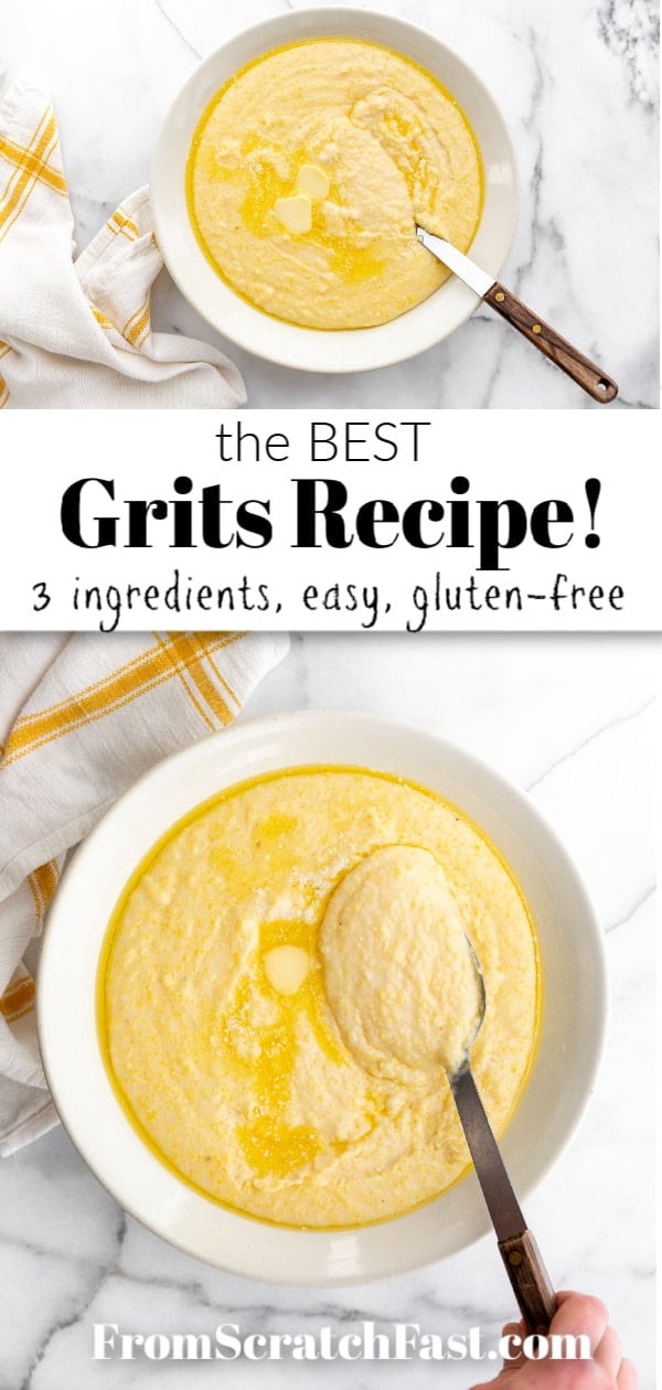 Creamy grits in a bowl with a serving spoon