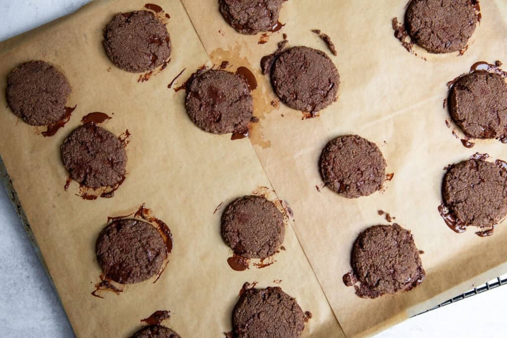 Cookies cooling on a pan before freezing for ice cream sandwiches