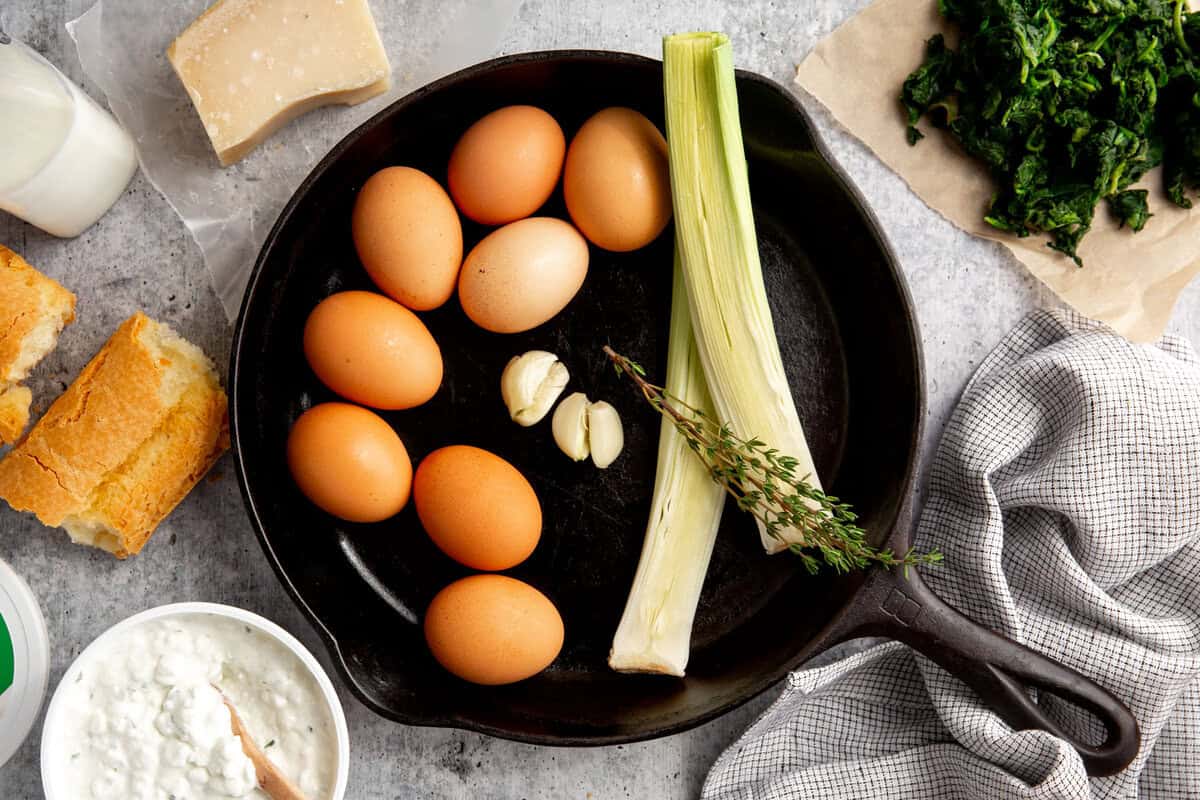 recipe ingredients including eggs, garlic, leeks, and cottage cheese