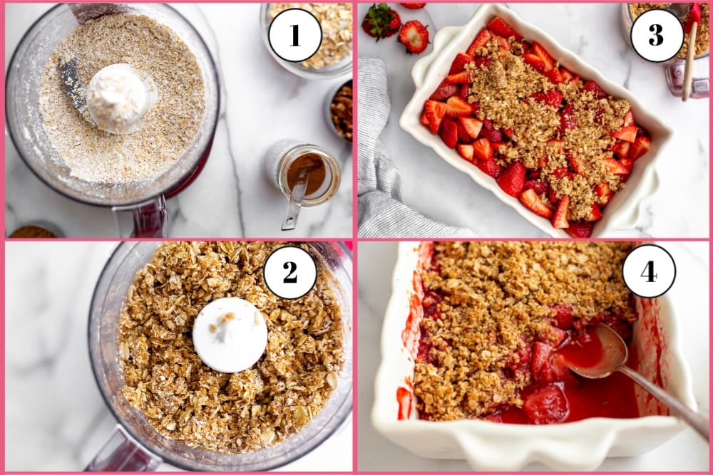 Process shot of making the gluten-free strawberry crisp, divided into 4 frames, starting with the oat nut topping