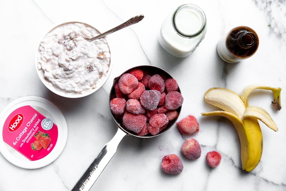 Cottage cheese smoothie ingredients arranged on counter