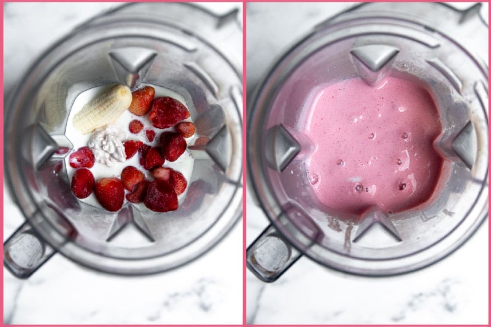 Process shot for making strawberry cottage cheese smoothies in the blender, divided into two frames.