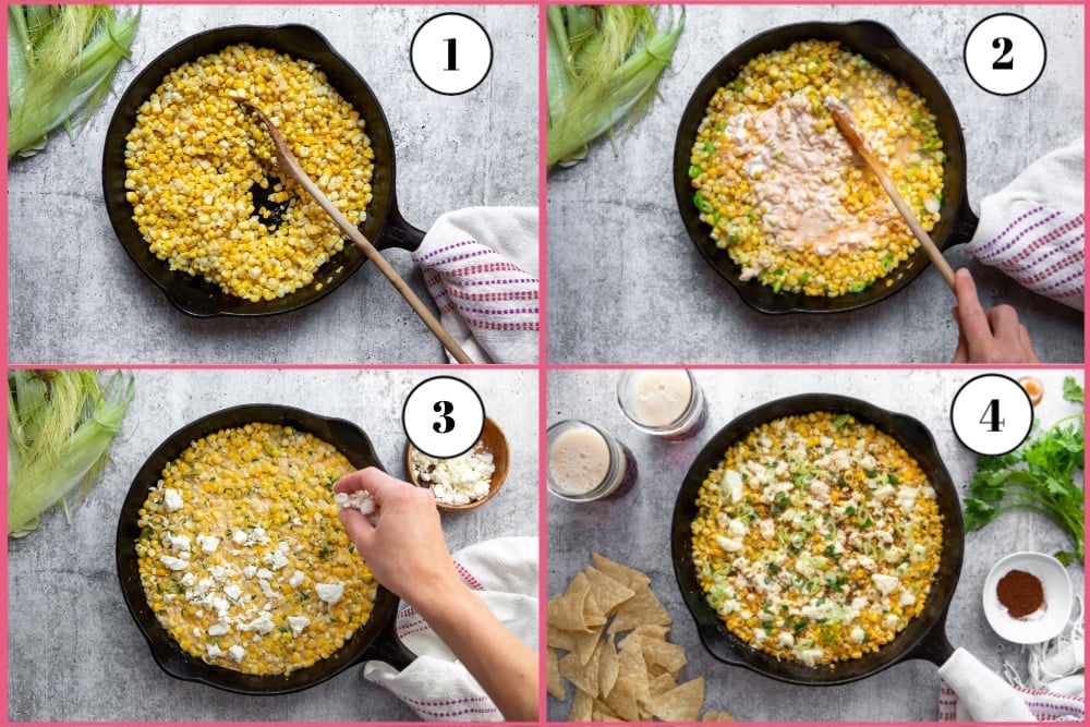 Process shot showing how to make elote dip, divided into 4 quadrants, starting with sautéing the corn, then adding the other ingredients, then topping the dip with feta and finally serving the cooked dip.