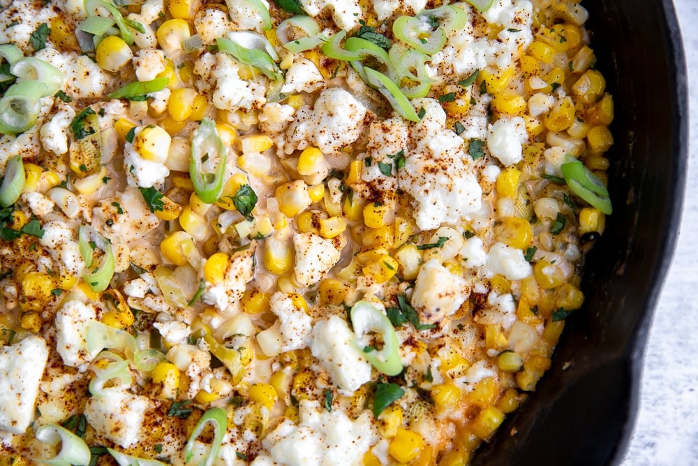 Overhead close up of elote dip.