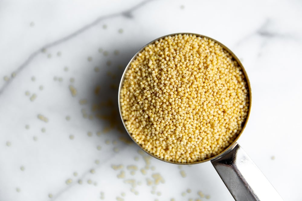 Uncooked millet grains in measuring cup