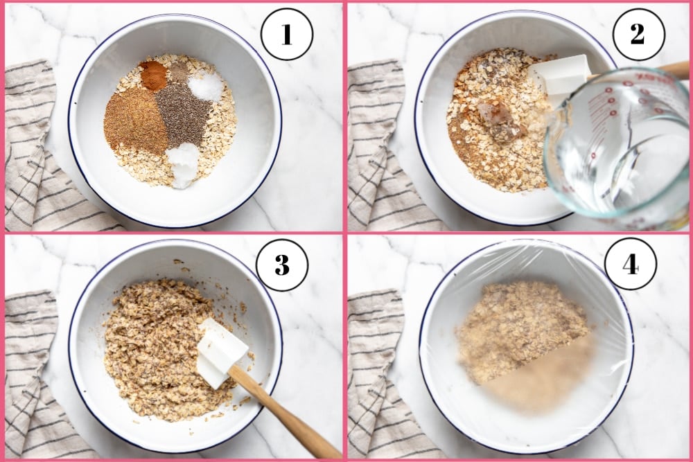 Process shot divided into 4 quadrants showing how to make the oatmeal mixture.  