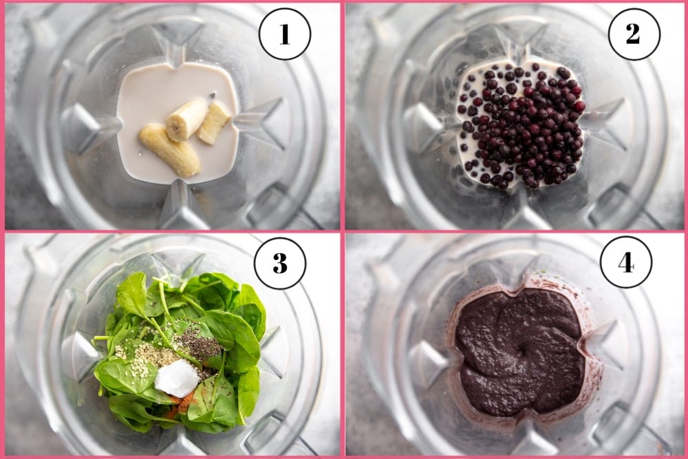 Process shot divided into four quadrants, showing the steps for making a smoothie bowl in the blender, starting with adding the milk, then the frozen fruit, followed by the spinach.