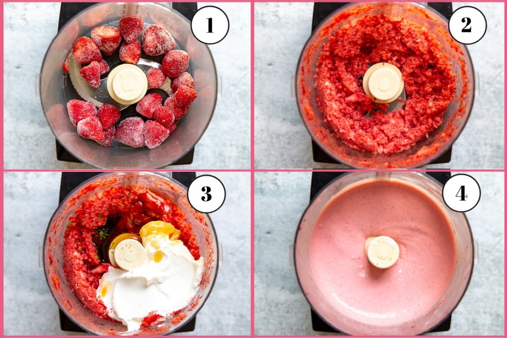 Process shot divided into four quadrants showing the four steps for making the strawberry frozen yogurt recipe. 