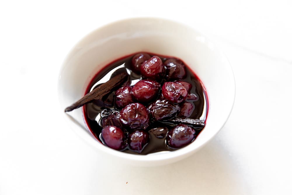 Bowl of cherries in port with a vanilla bean. 