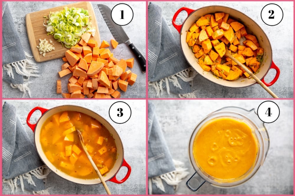Process shot divided into 4 quadrants showing the steps for making the healthy sweet potato soup.