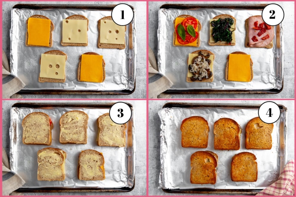 Process shot divided into four quadrants, showing steps for making oven grilled cheese.