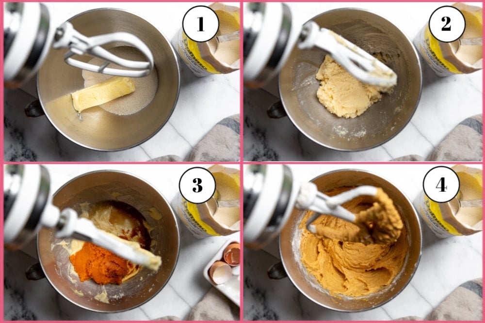 Process shot divided into four quadrants showing the steps for making the cake batter. 