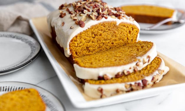 Pumpkin Pound Cake with Bourbon Cream Cheese Glaze (GF option!)