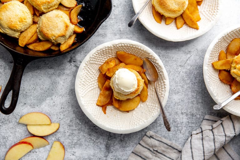 Overhead shot of the skillet apple cobbler in bowls.