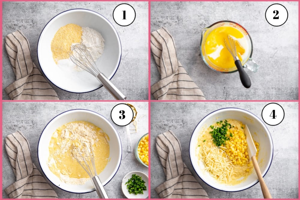 Process shot divided into four quadrants, showing the steps for making the jalapeno cheddar cornbread.