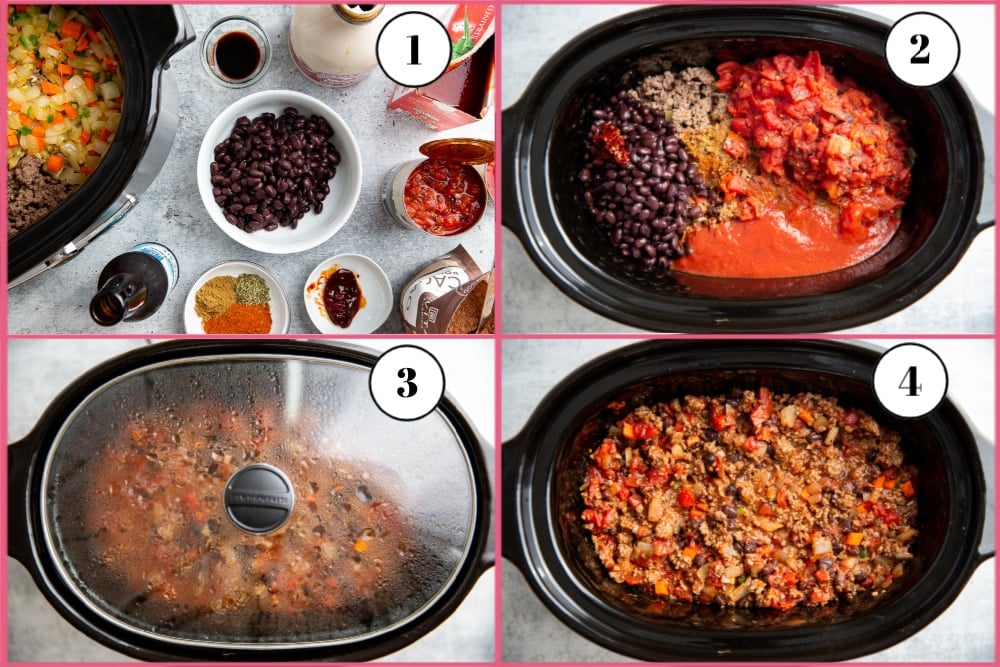 Process shot divided into four quadrants showing the steps for making beef chili in the slow cooker.