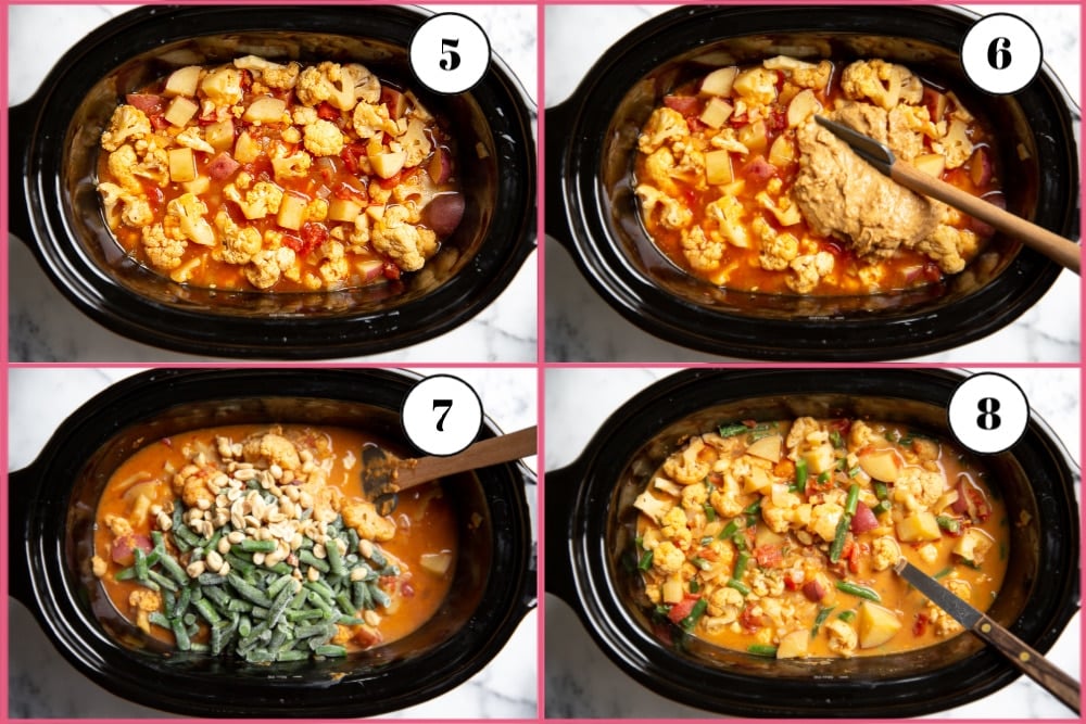 Process shot divided into 4 quadrants showing how to finish the curry in the slow cooker. 